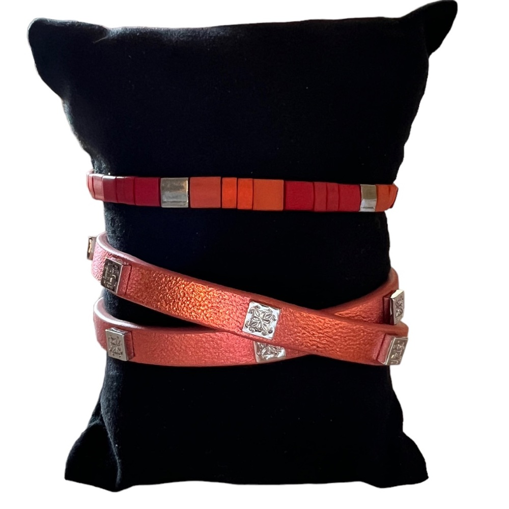 Rustic Cuff Burnt orange bundle - double wrap and tile stretch bracelet